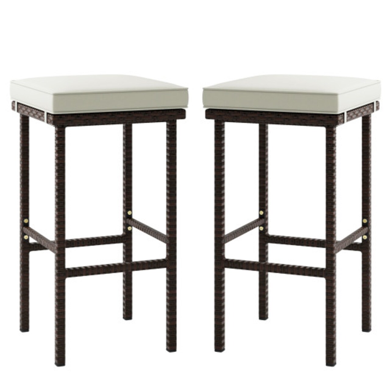 Set of 2 Patio Wicker Bar Stools with Seat Cushions and Footrest
